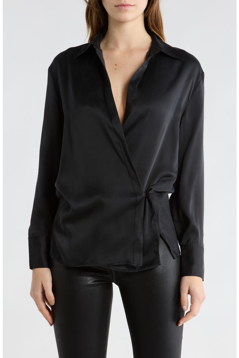 Sora Long Sleeve Silk Wrap Top, Main, color, BLACK