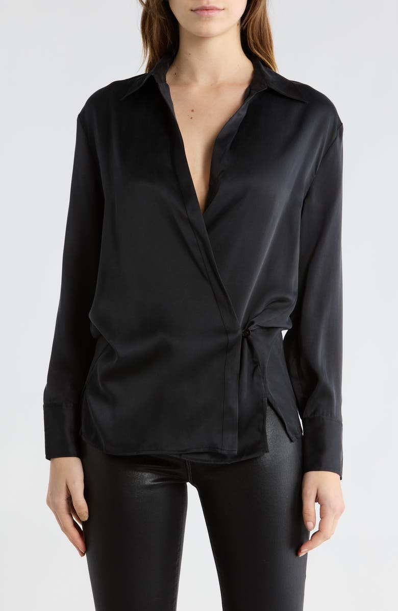 L'AGENCE Sora Long Sleeve Silk Wrap Top, Main, color, Black
