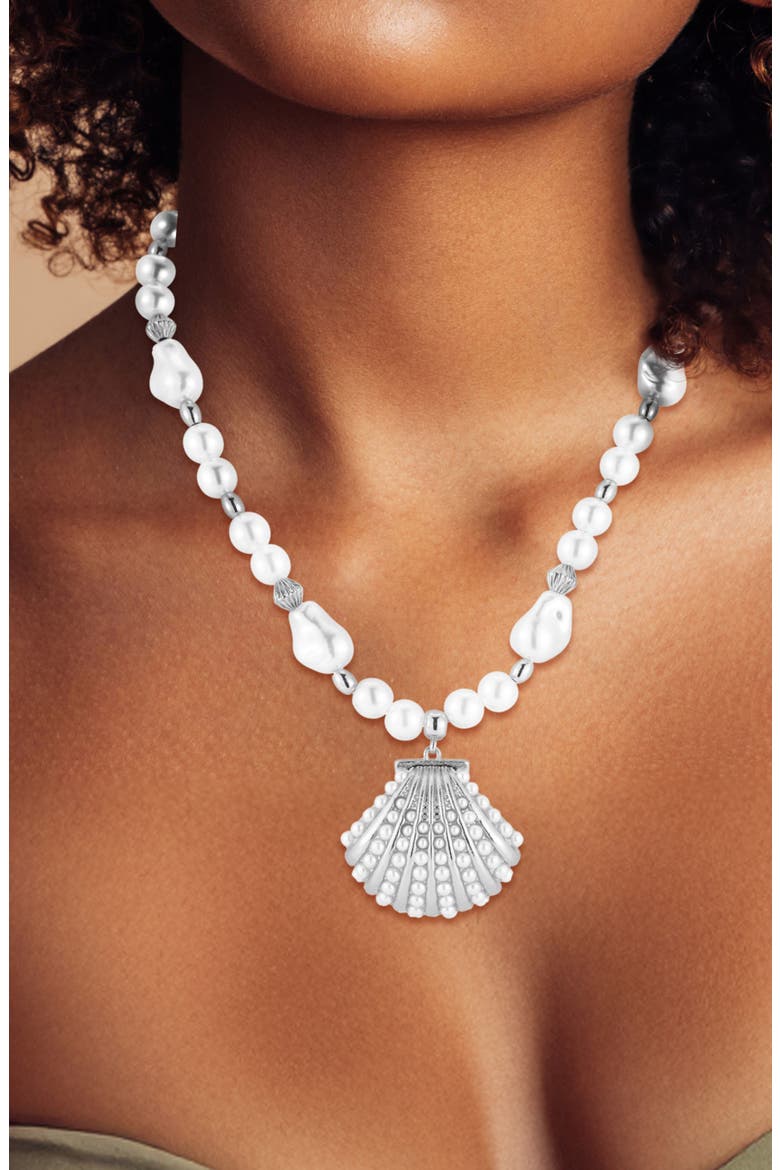 Faux Pearl Shell Pendant Necklace, Alternate, color, SILVER