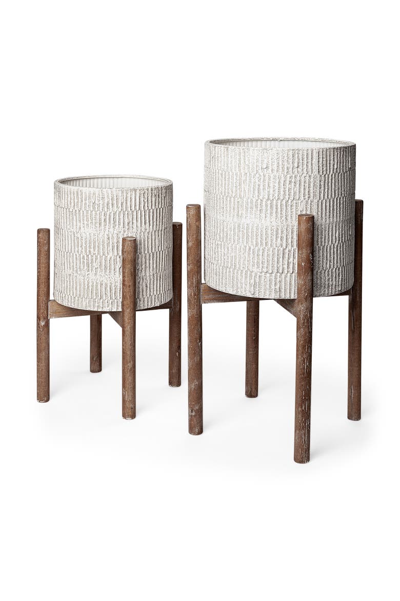 Groot Set of Two Ceramic Wooden Base Plant Stands, Main, color, Cream