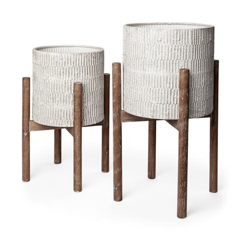 Groot Set of Two Ceramic Wooden Base Plant Stands