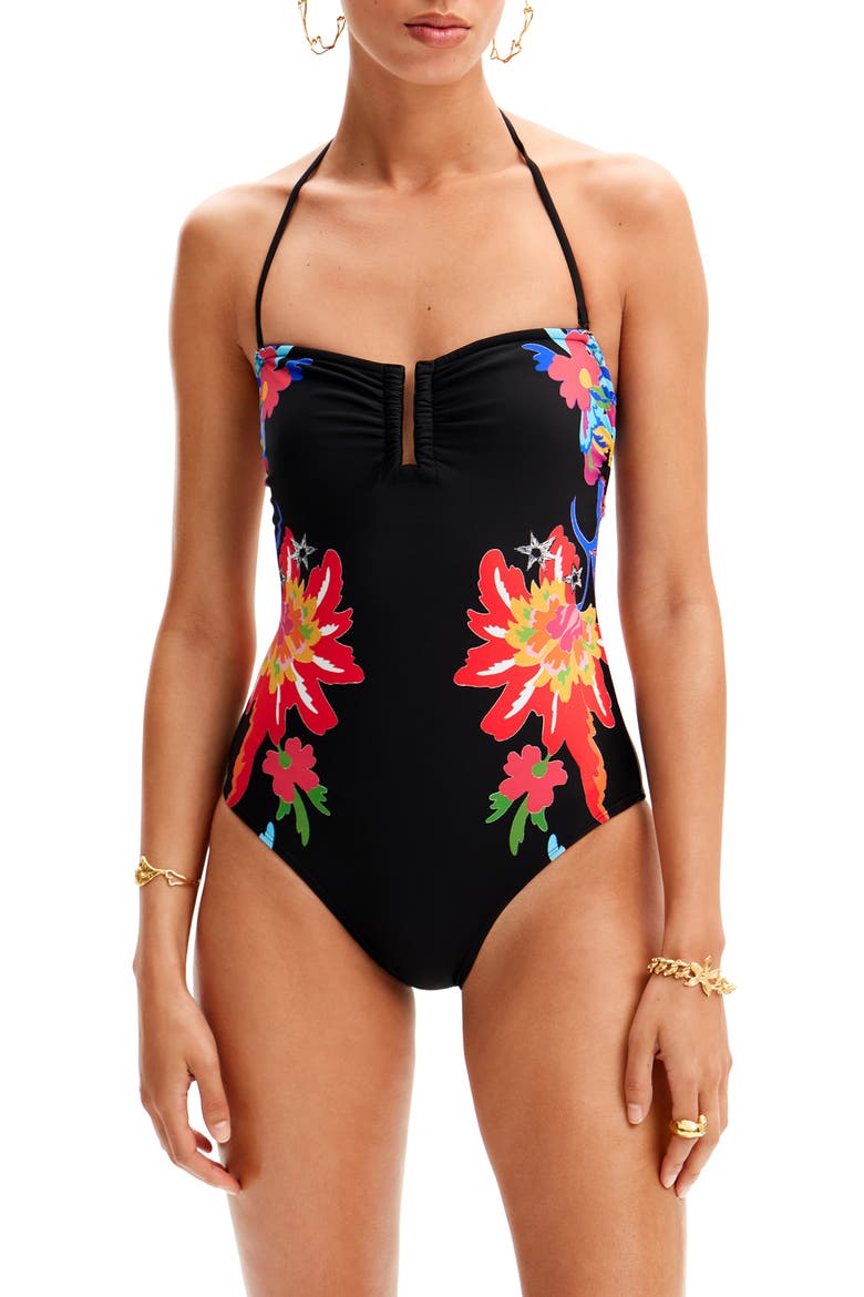 Swim Happy Bandeau One-Piece Swimsuit, Main, color, BLACK