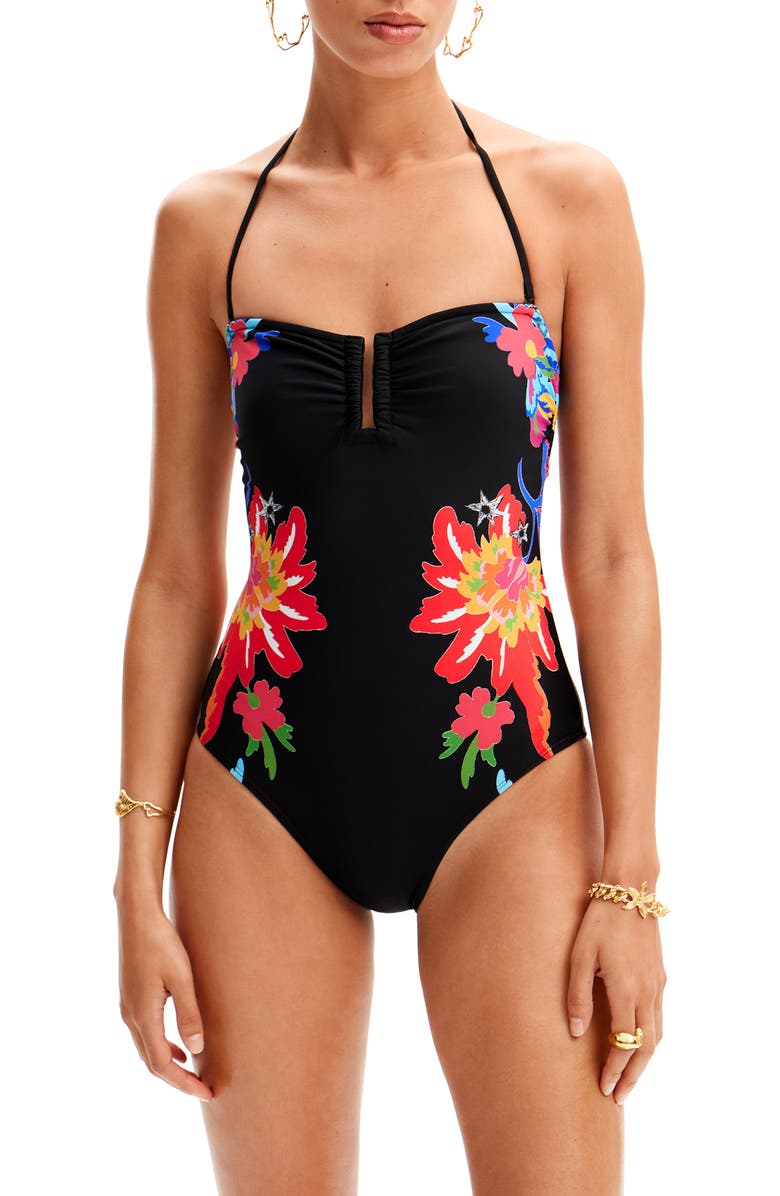 Desigual Swim Happy Bandeau One-Piece Swimsuit, Main, color, 