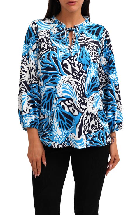 Printed Mesh Long Sleeve Top (Plus)