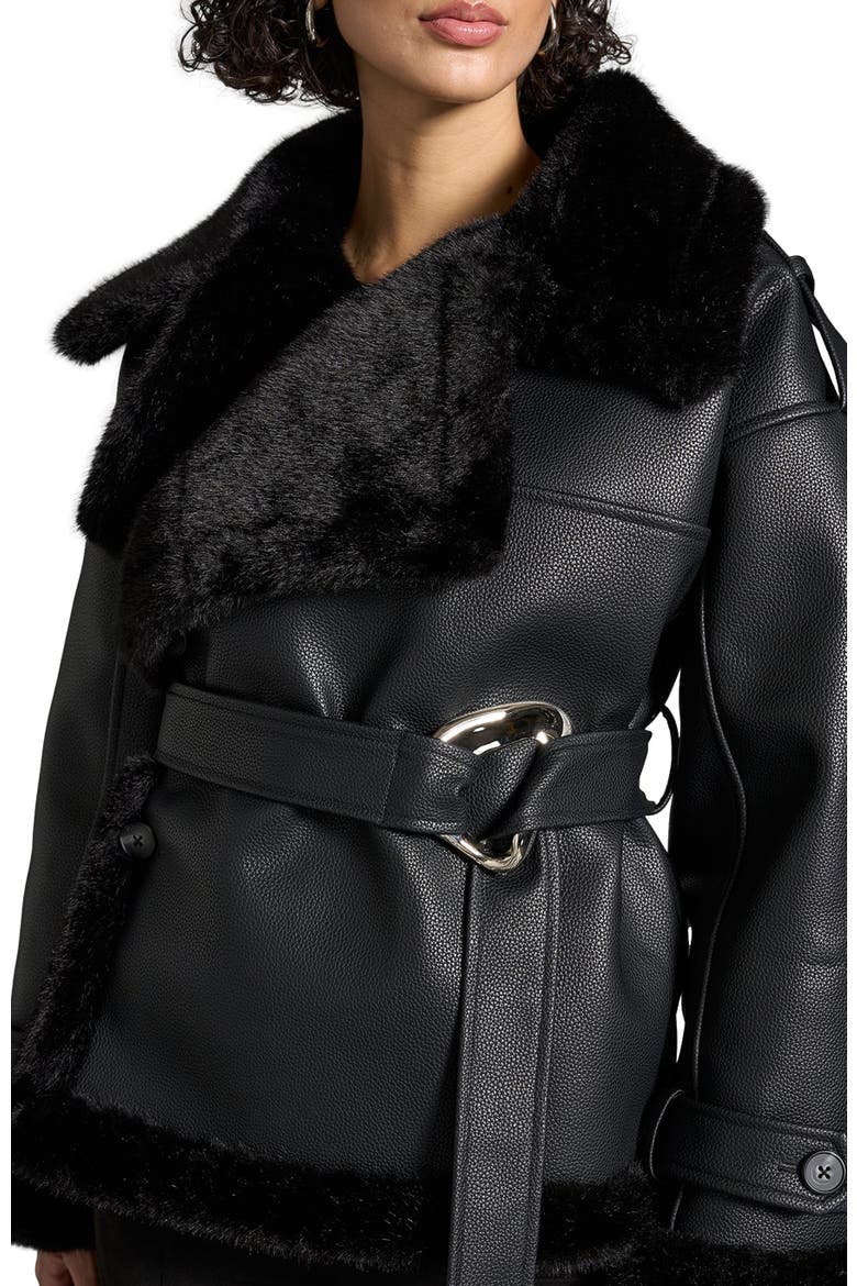 Charlene Leather and Plush Wrap Belted Jacket, Alternate, color, Black