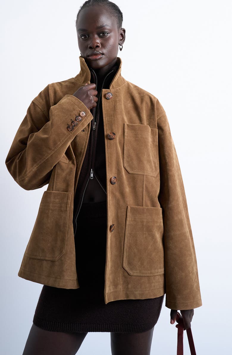 Topshop Faux Suede Shirt Jacket, Main, color, Brown