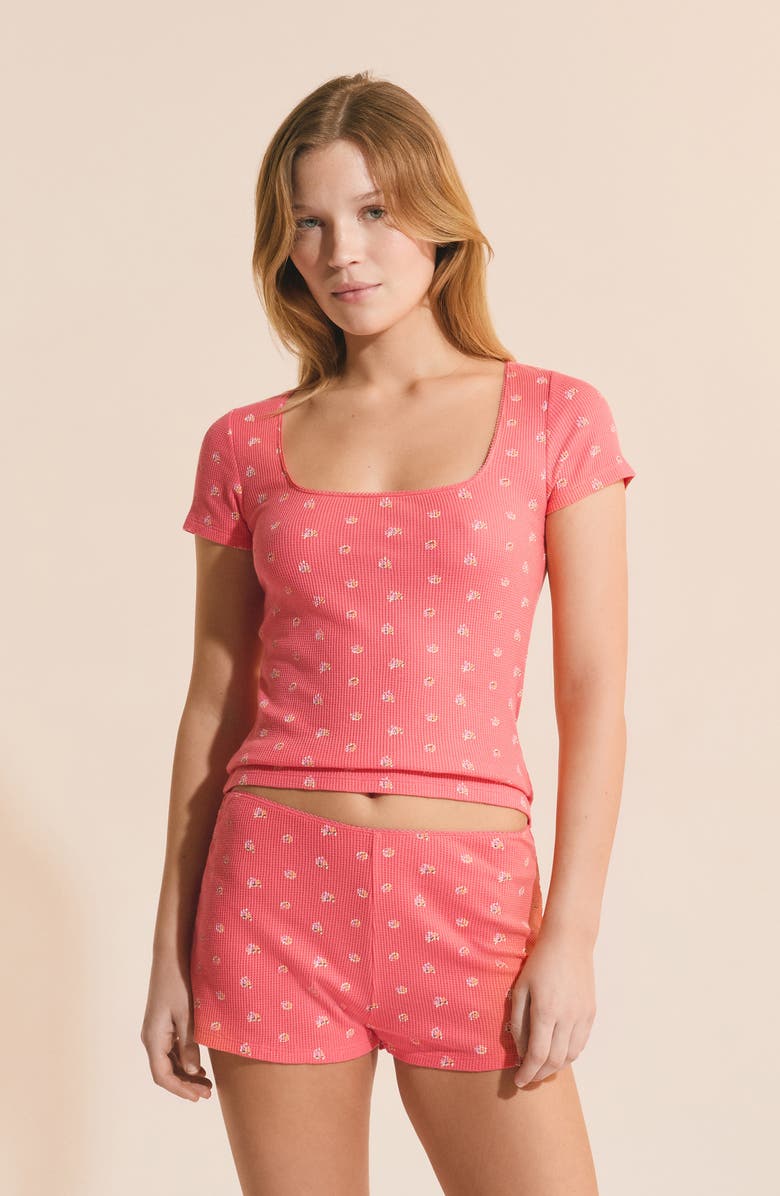 Etam Ondine Floral Waffle Knit Cotton Pajama Shorts, Alternate, color, Grenadine