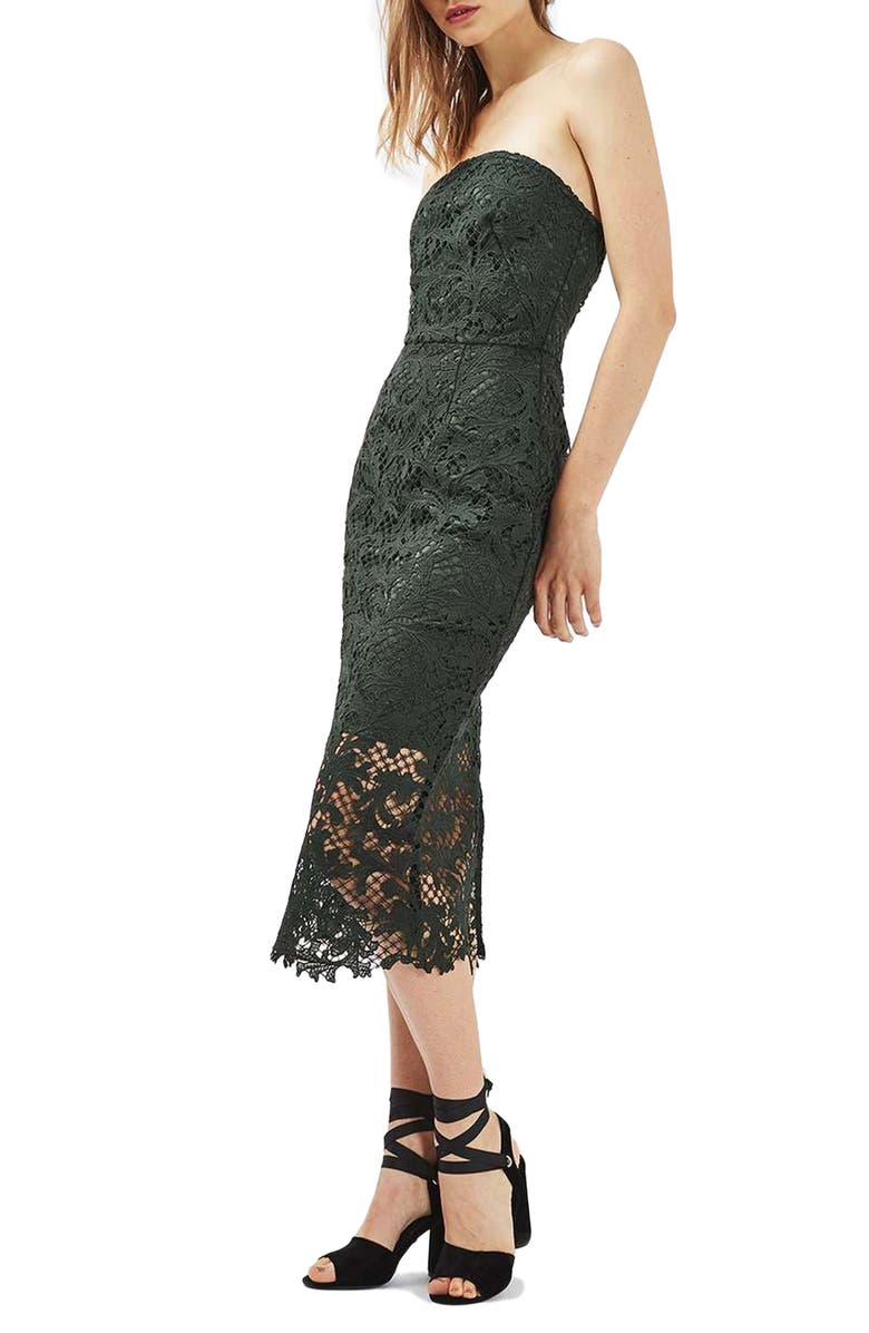 Topshop Strapless Lace Midi Dress, Main, color, 