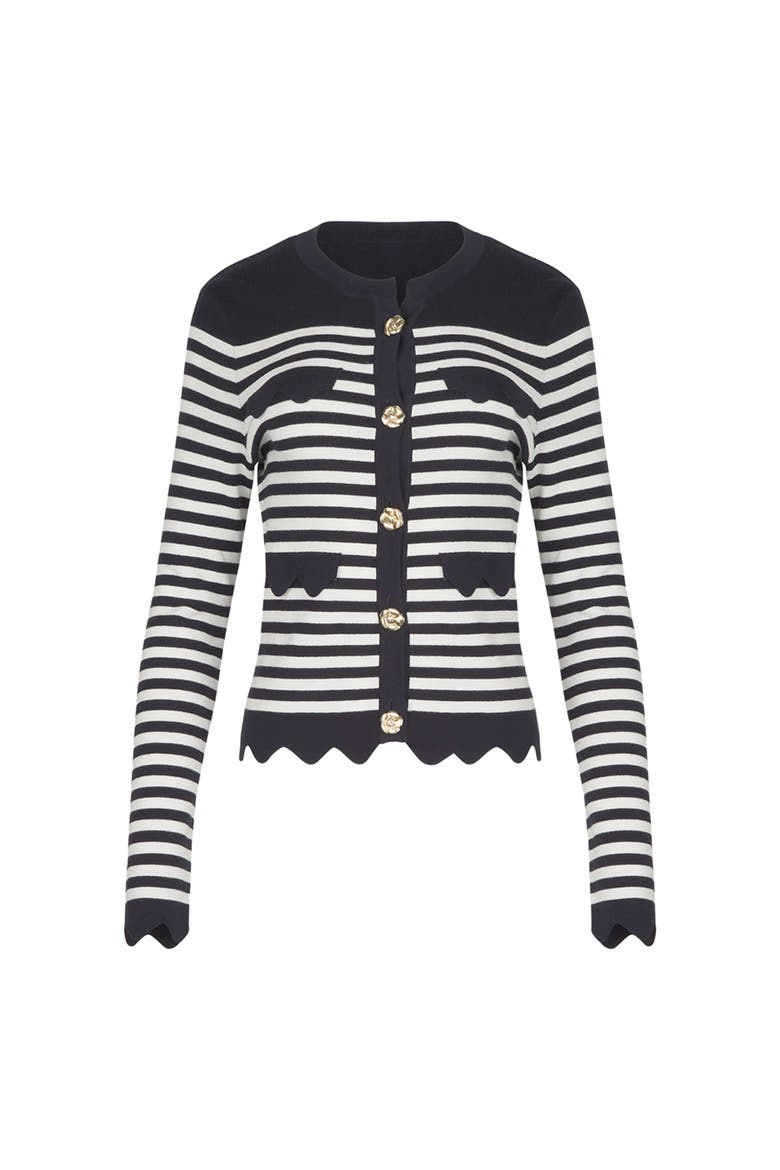 Women's  Cardigan Blue And White Striped Cardigan With Gold Flower Buttons, Main, color, Dark Navy