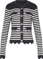 Anne Fontaine Women's Cardigan Blue And White Striped Cardigan With Gold Flower Buttons