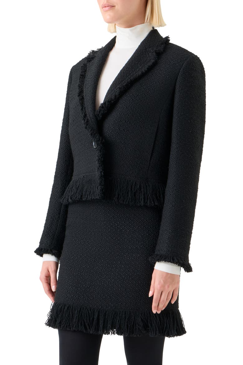 Fringe Bouclé Tweed Crop Jacket, Alternate, color, BLACK