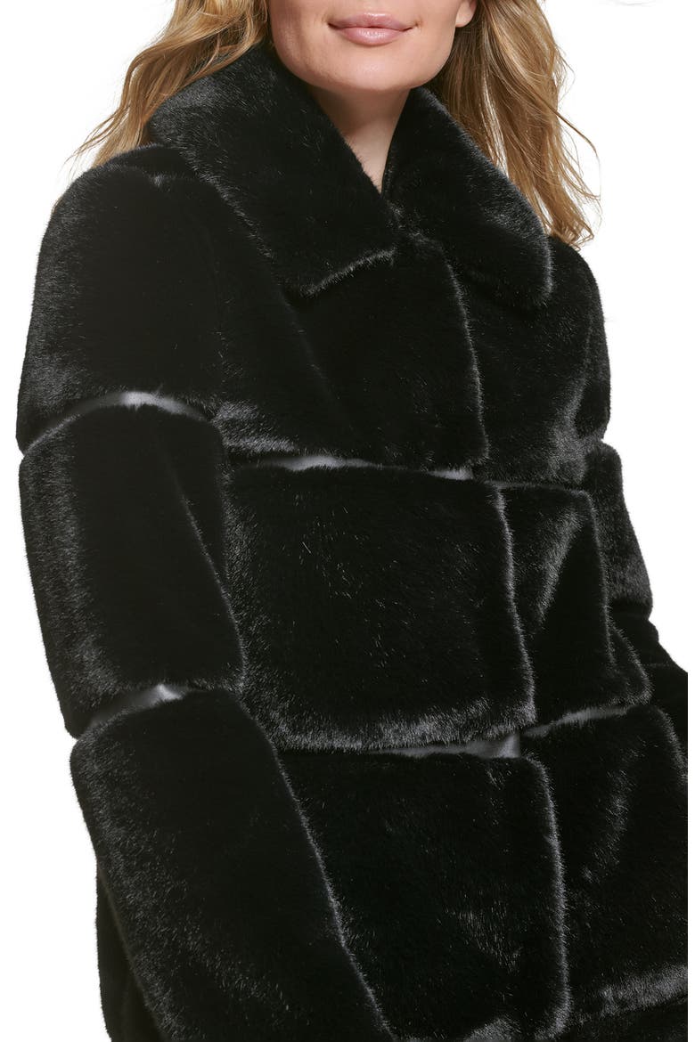 Quilted Longline Faux Fur Coat, Alternate, color, BLACK