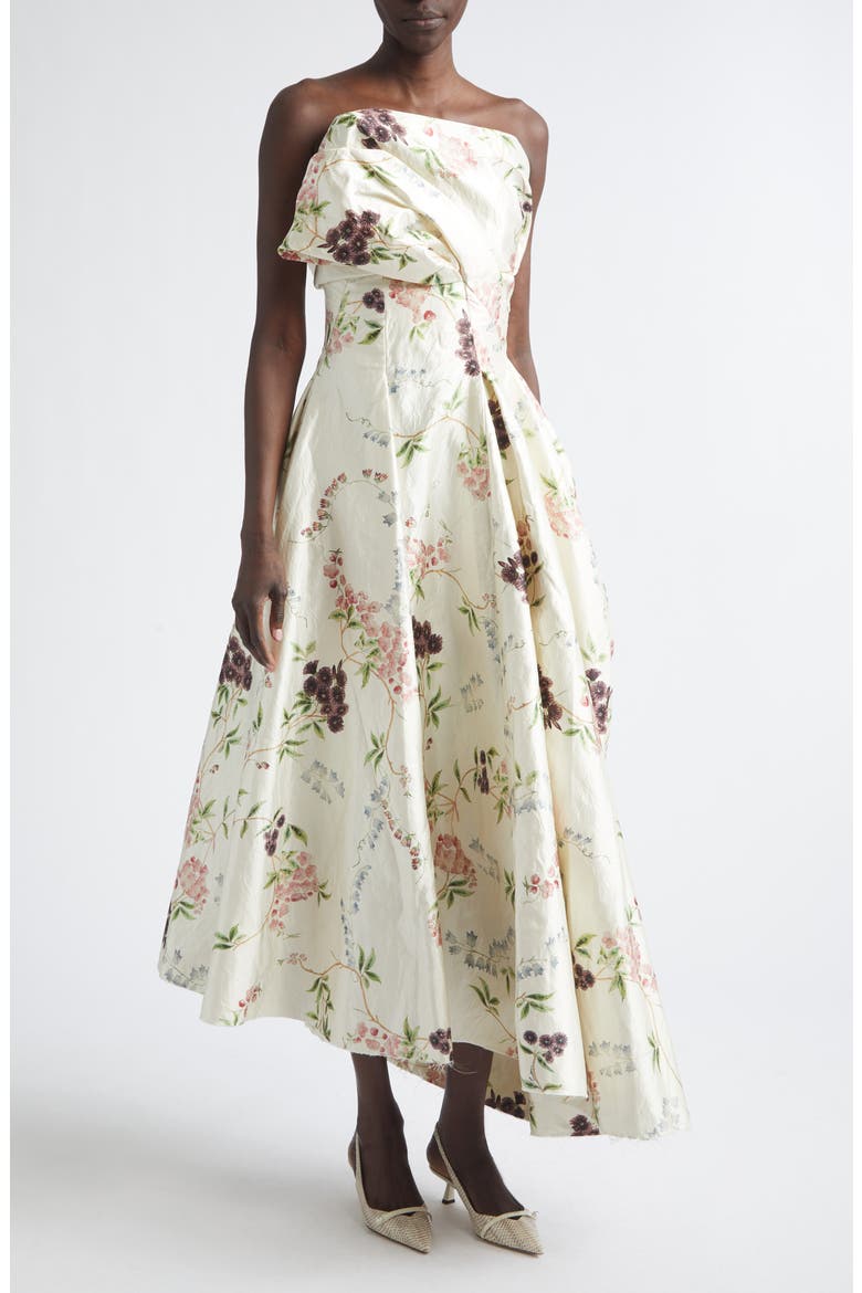 Floral Print Asymmetric Crushed Satin Cloud Dress, Main, color, FRENCH CHINTZ MULTI WHITE