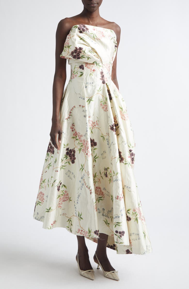 Erdem Floral Print Asymmetric Crushed Satin Cloud Dress, Main, color, French Chintz Multi White
