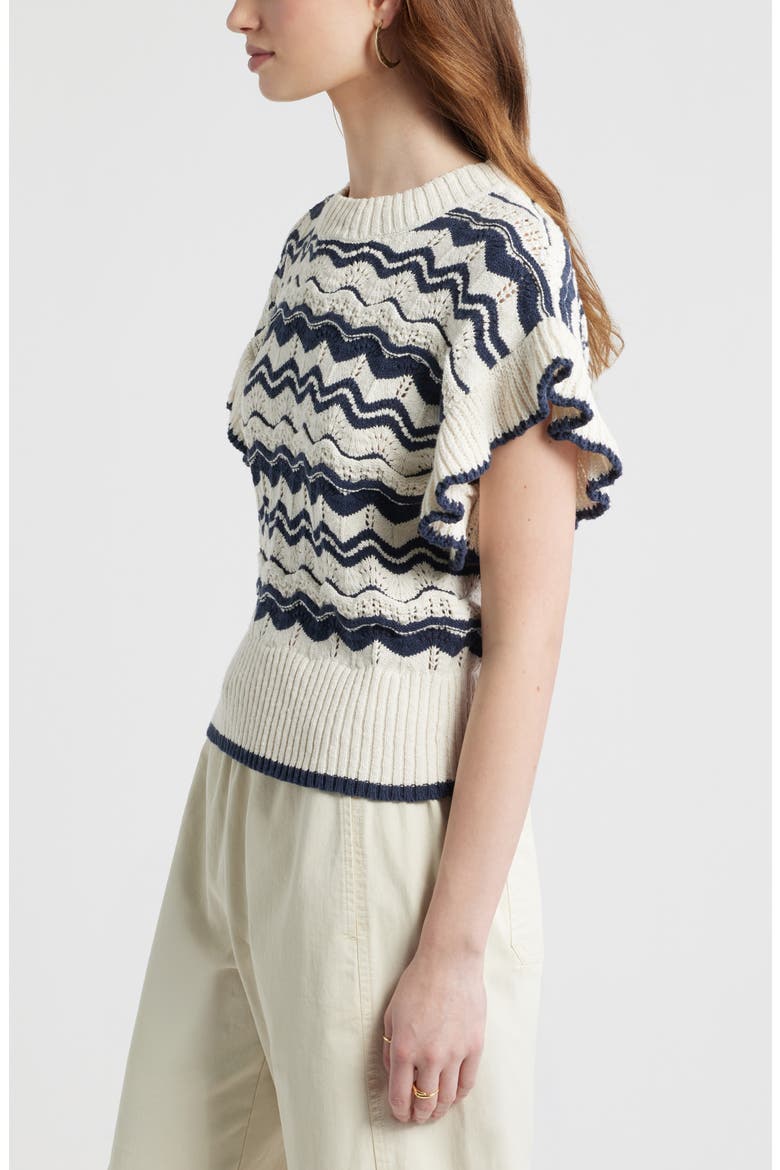 Flutter Sleeve Cotton Pointelle & Rib Sweater, Alternate, color, NAVY- IVORY WAVE STRIPE