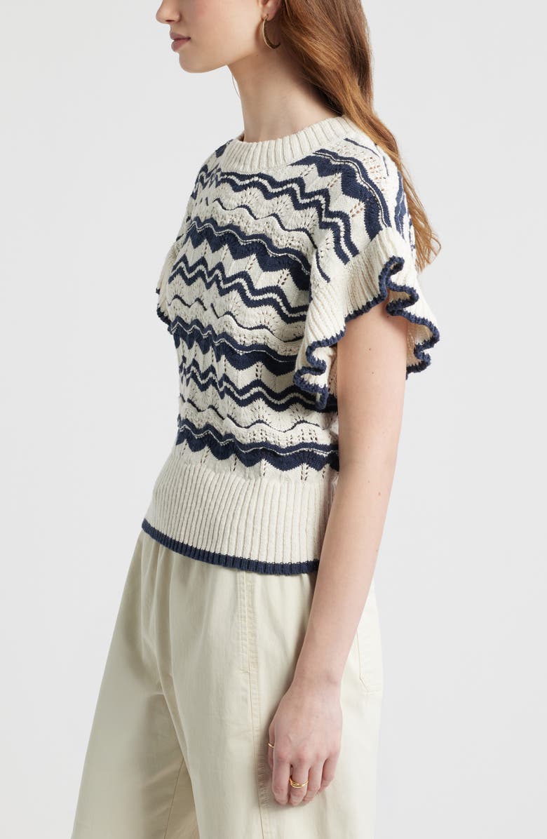 Treasure & Bond Flutter Sleeve Cotton Pointelle & Rib Sweater, Alternate, color, Navy- Ivory Wave Stripe