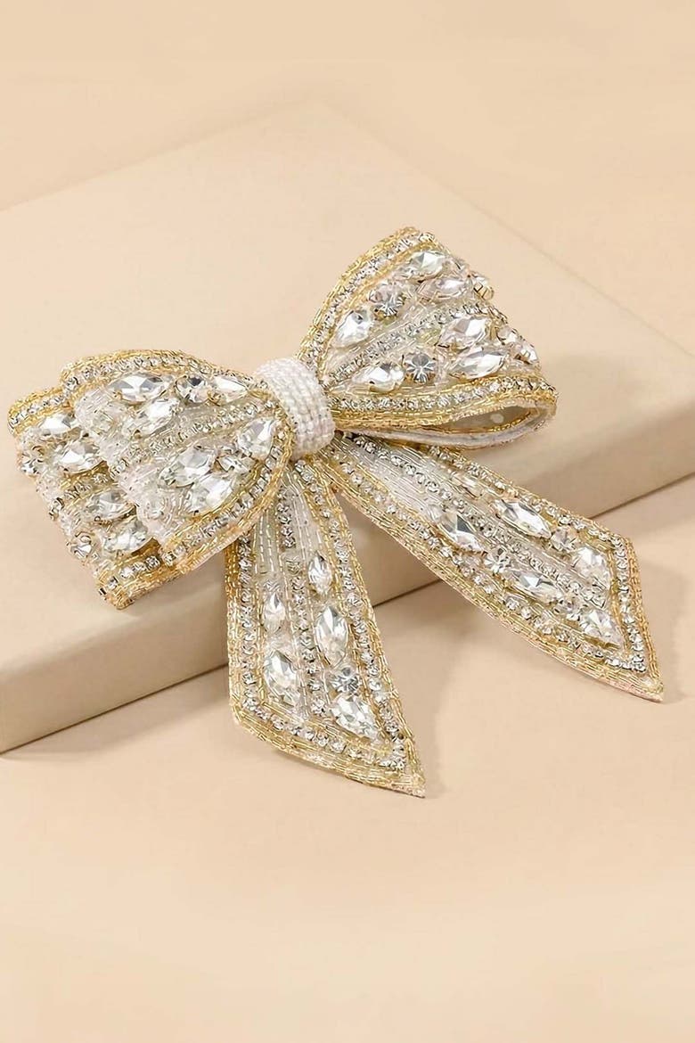 Embellished Crystal Hair Bow Barrette Clip - Gold & Silver, Alternate, color, Metallic Silver
