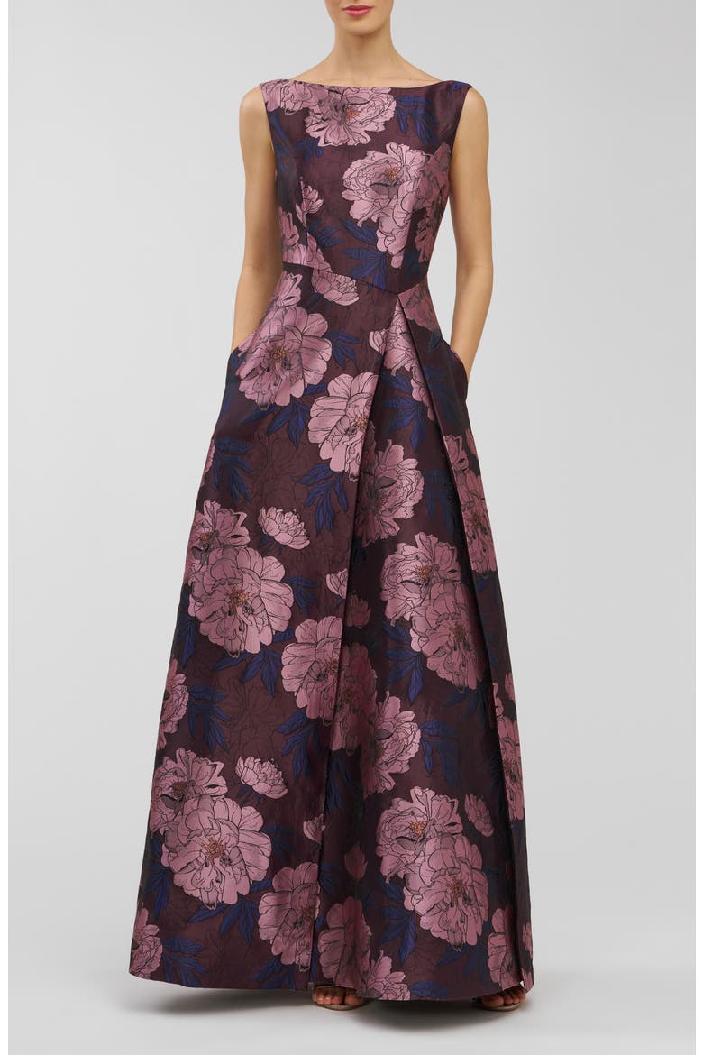 Caitlin Metallic Floral Jacquard Sleeveless Gown, Main, color, PRIMROSE MULTI