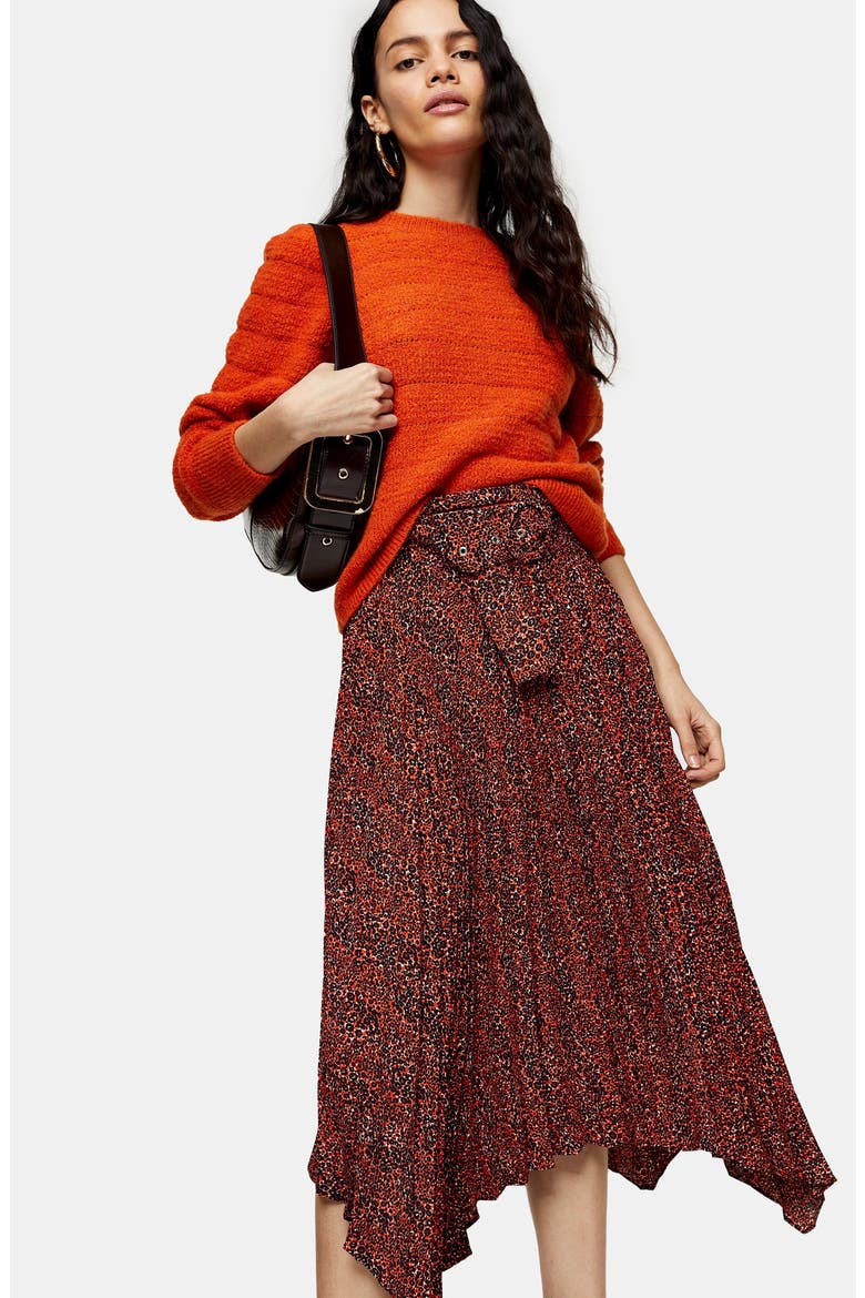 Tiny Leopard Pleated Belted Midi Skirt, Alternate, color, RED MULTI