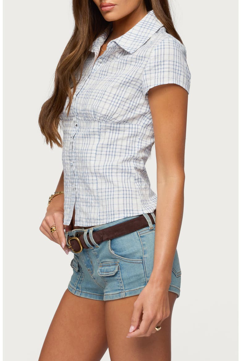 Naiah Plaid Short Sleeve Tailored Button-Up Shirt, Alternate, color, BLUE-AND-WHITE