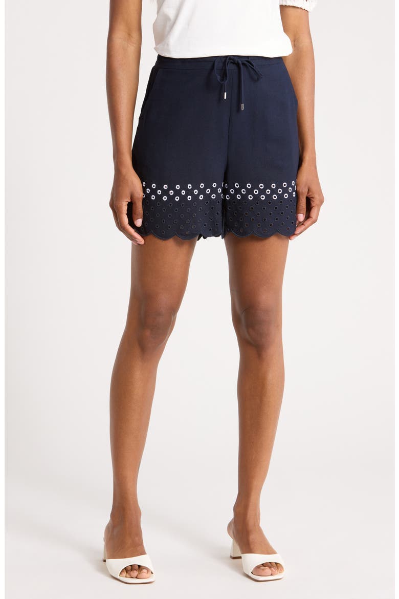 Scalloped Eyelet Drawstring Shorts, Main, color, NAVY