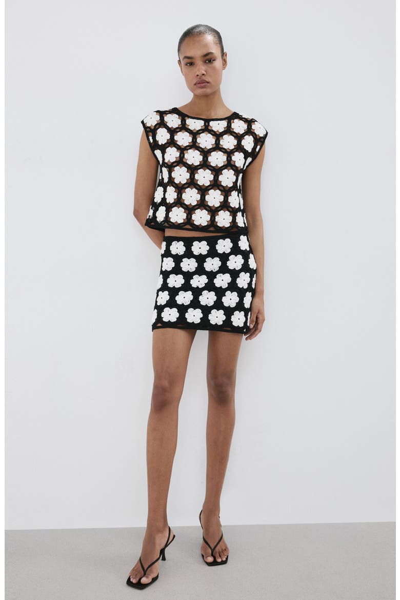 Flower Embellished Openwork Sweater, Alternate, color, BLACK