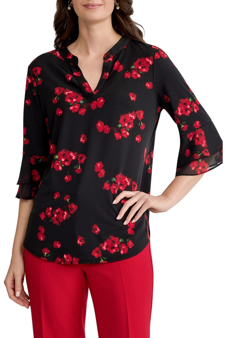 Floral Split Neck Flutter Sleeve Tunic, Main, color, BLACK MULTI