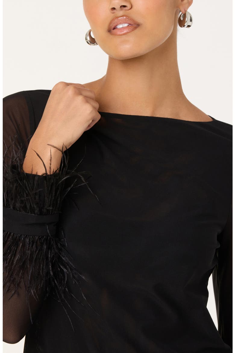 Brisa Feather Trim Long Sleeve Top, Alternate, color, BLACK
