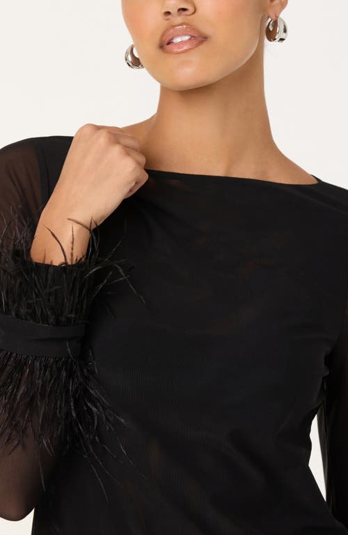 Astr The Label Brisa Feather Trim Long Sleeve Top In Black