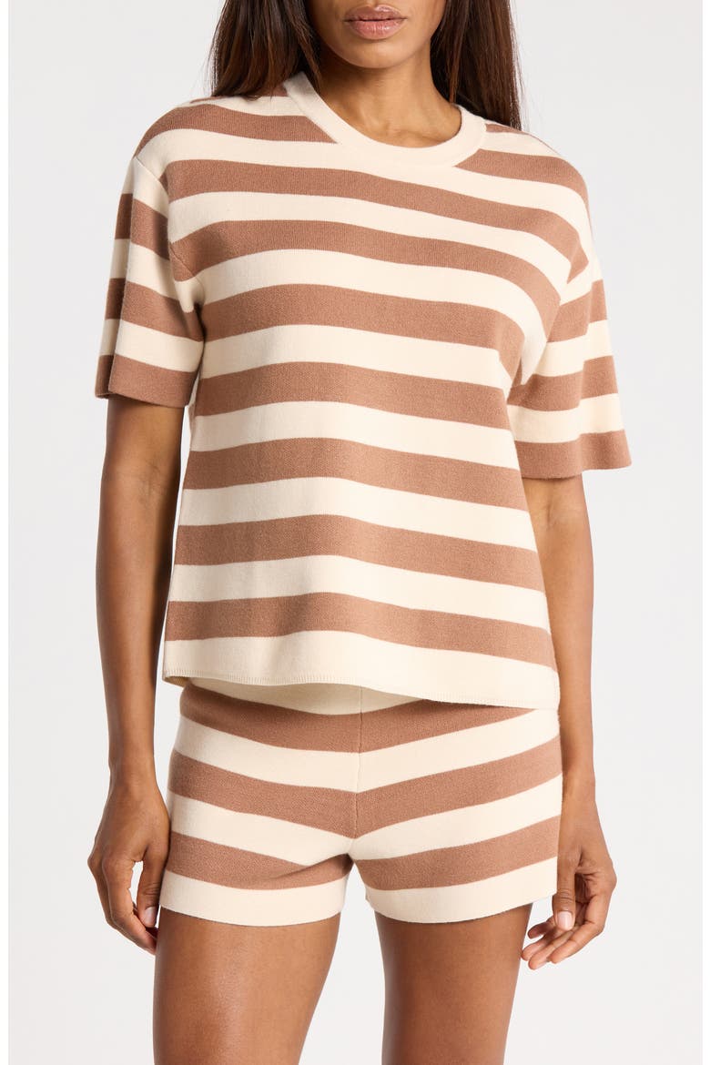 Stripe Short Sleeve Sweater, Main, color, CAFE/ ECRU STRIPE