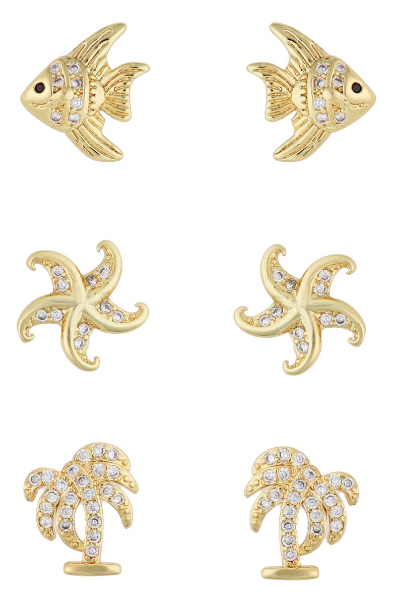Panacea Set of 3 Assorted Cubic Zirconia Stud Earrings, Main, color, Gold