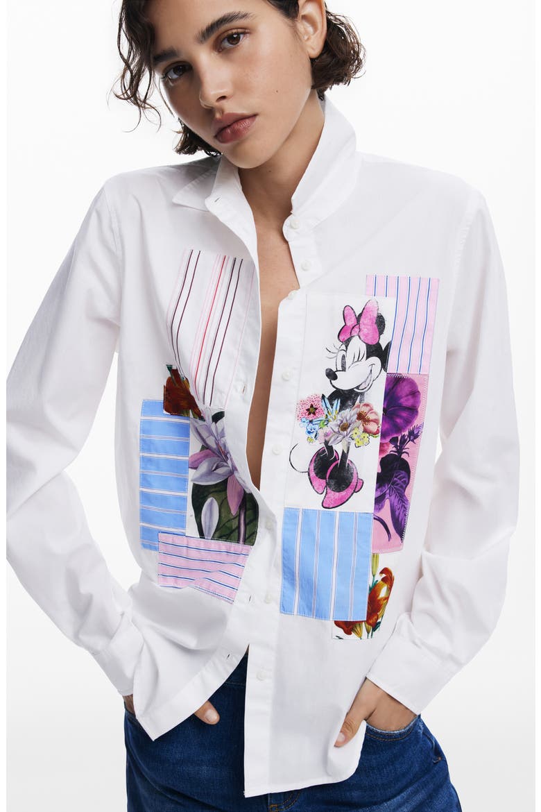 Minnie Mouse Patchwork Button-Up Shirt, Alternate, color, WHITE