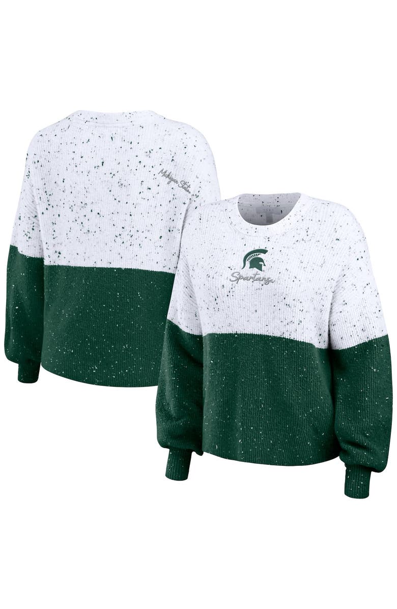 WEAR by Erin Andrews Women's WEAR by Erin Andrews White/Green Michigan State Spartans Colorblock Script Pullover Sweater, Main, color, 