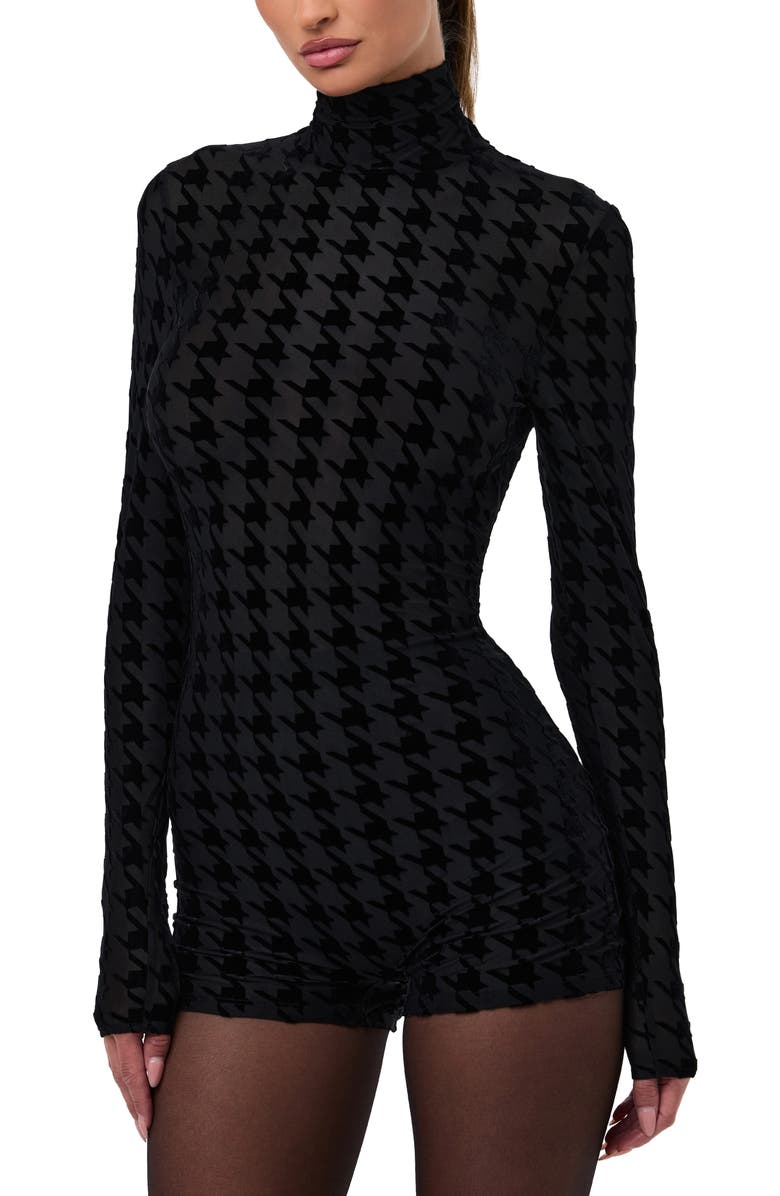 Naked Wardrobe Burnout Mock Neck Long Sleeve Romper, Alternate, color, Black Houndstooth