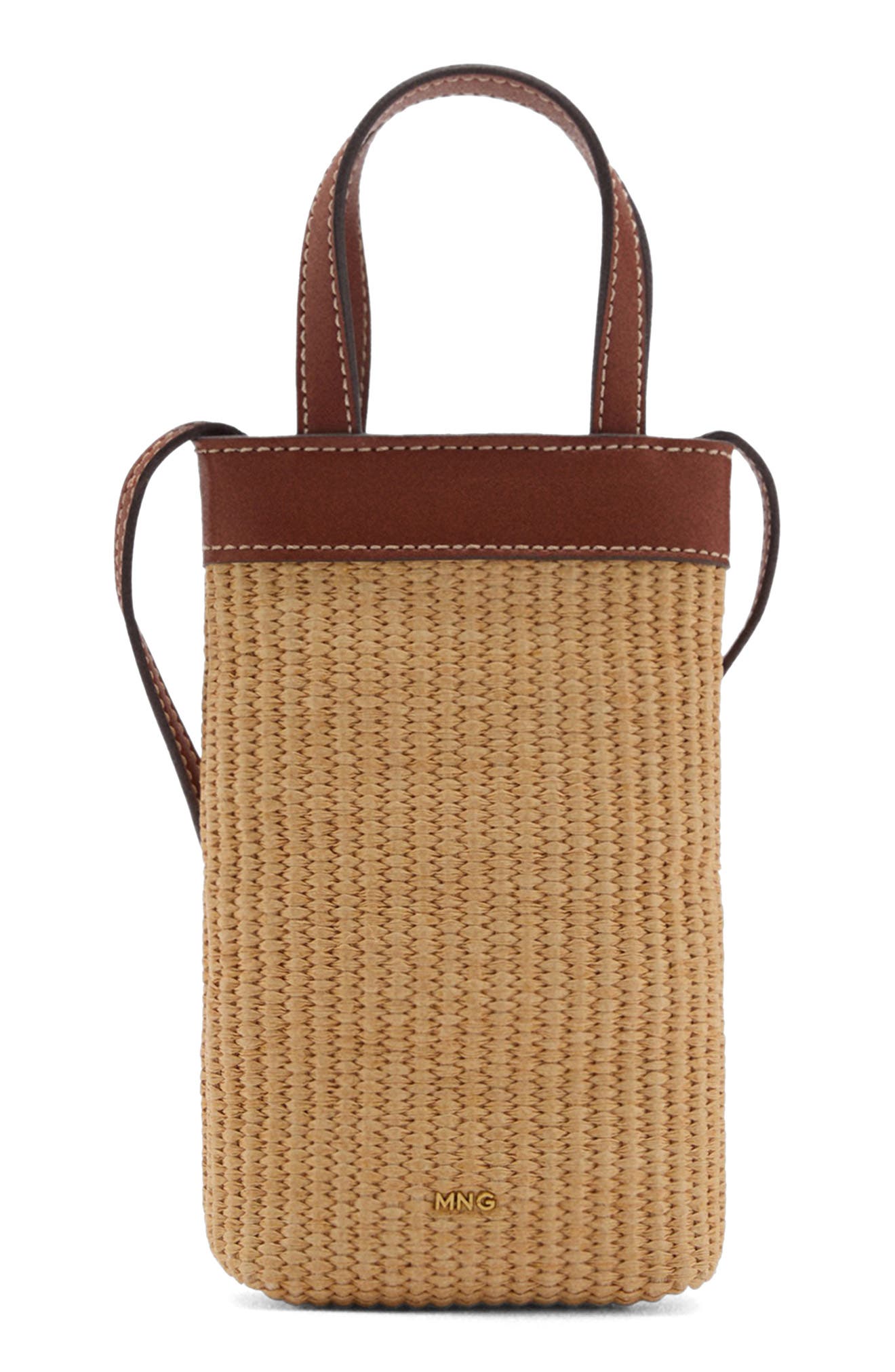 MANGO Woven Raffia Crossbody Phone Bag, Main, color, Leather