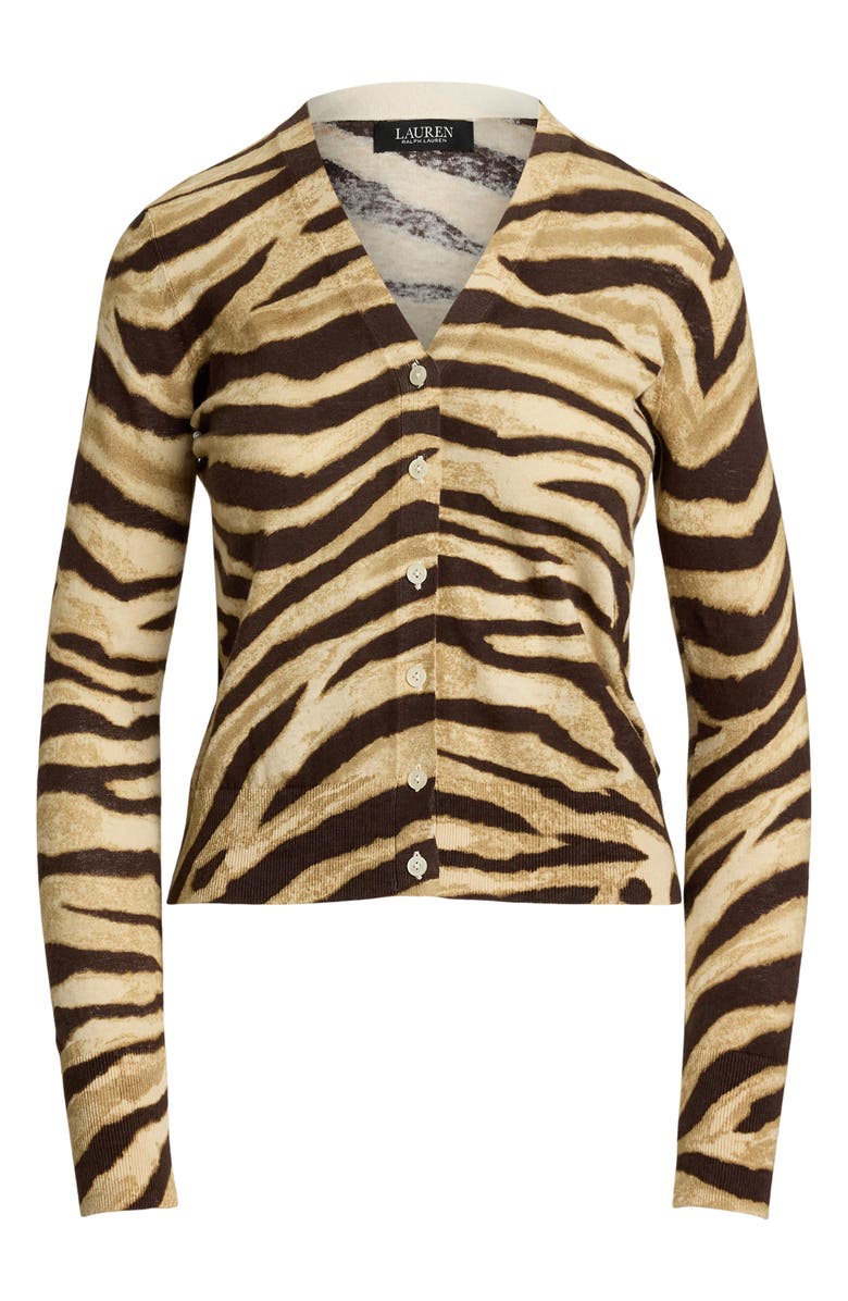Lauren Ralph Lauren Zebra Stripe Linen & Cotton Cardigan, Alternate, color, Mascarpone Cream/ Brown