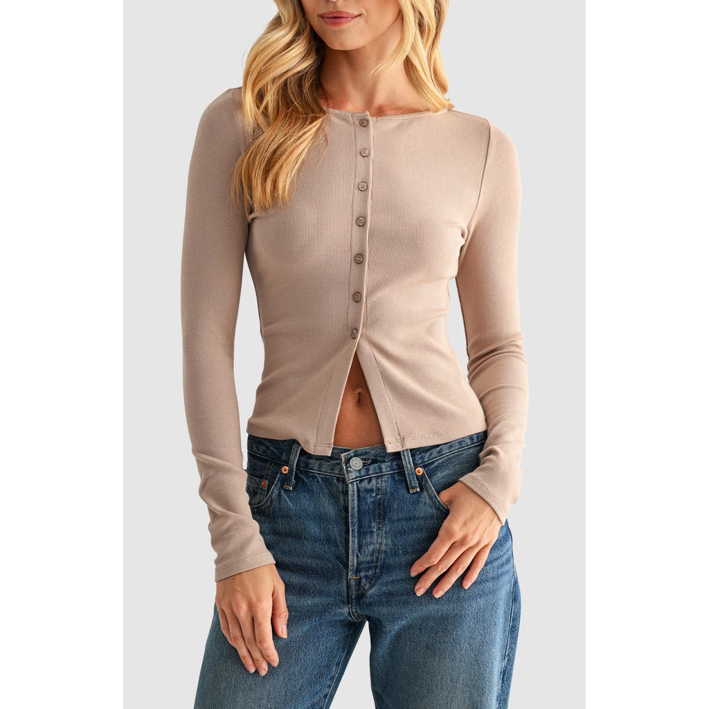 Lush Long Sleeve Button Front Crop Top In Neutral
