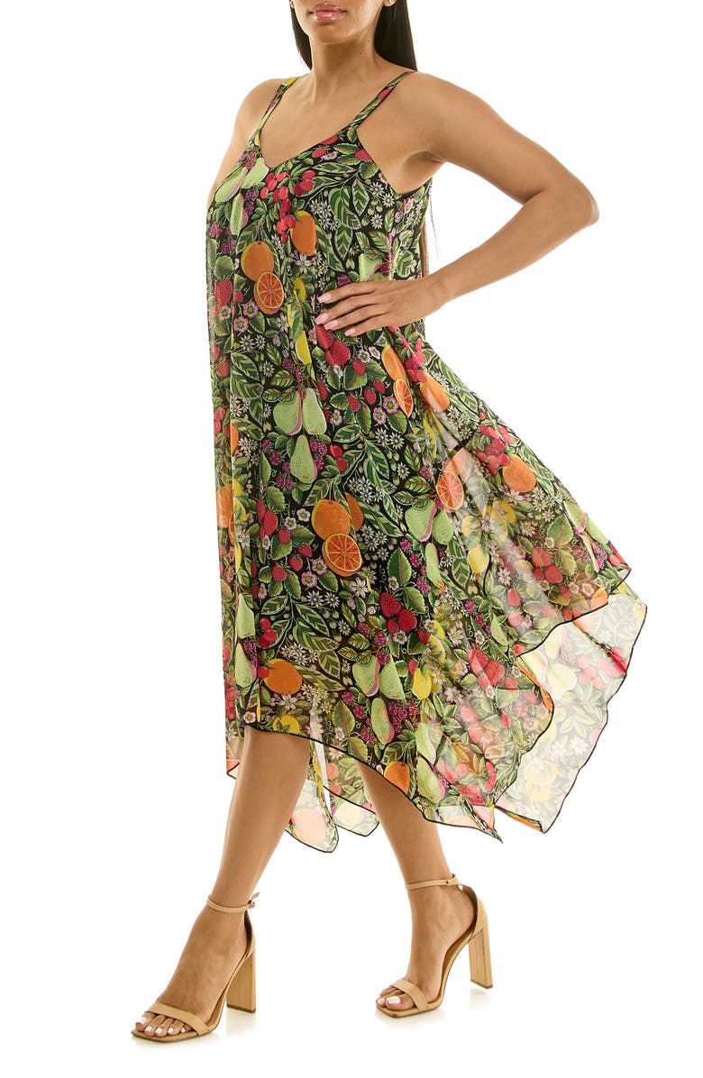 Nina Leonard Patterned Handkerchief Hem Dress, Alternate, color, Black/Green Multi