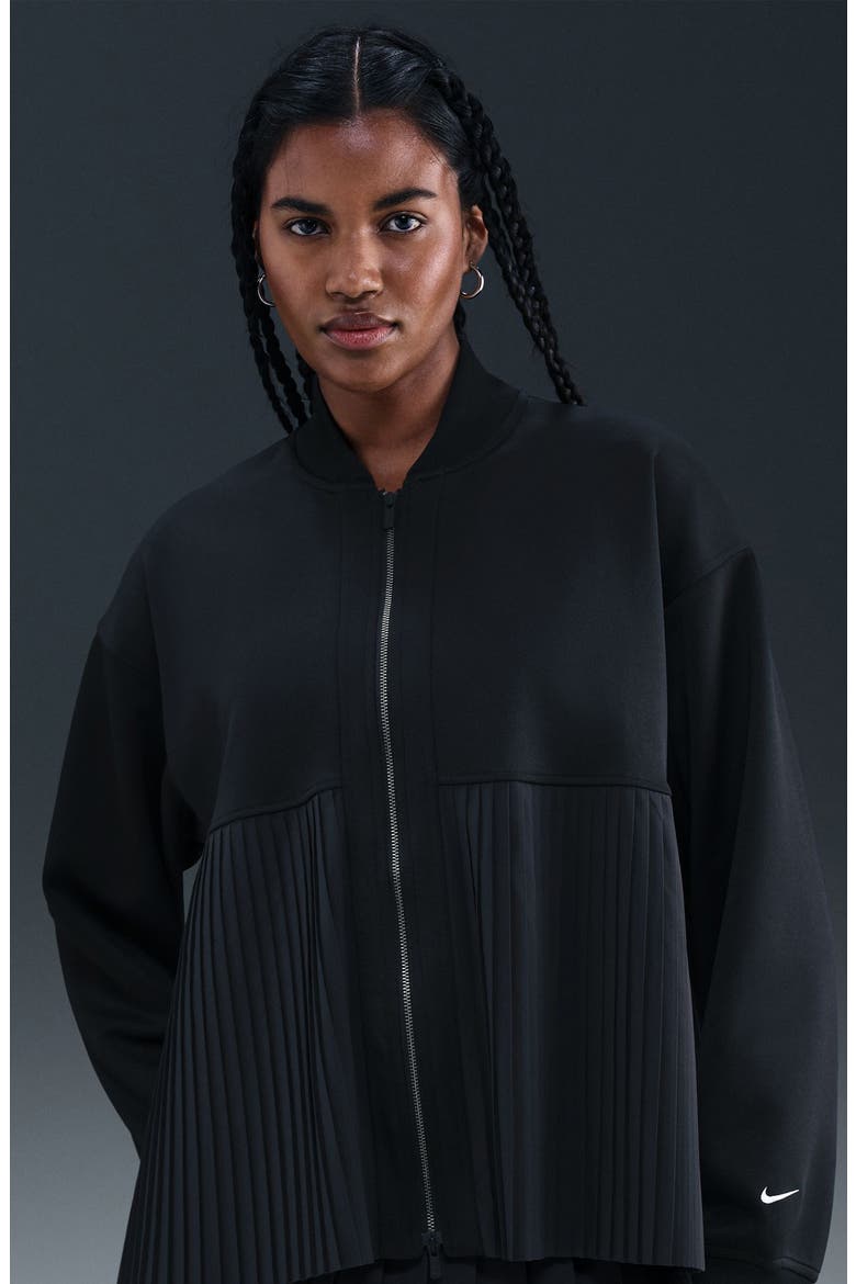 Sportswear Mixed Media Pleated Bomber Jacket, Alternate, color, 010 BLACK/SAIL