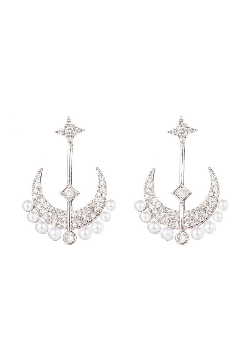 Cleo CZ & Imitation Pearl Crescent Moon Drop Earrings, Main, color, GOLD