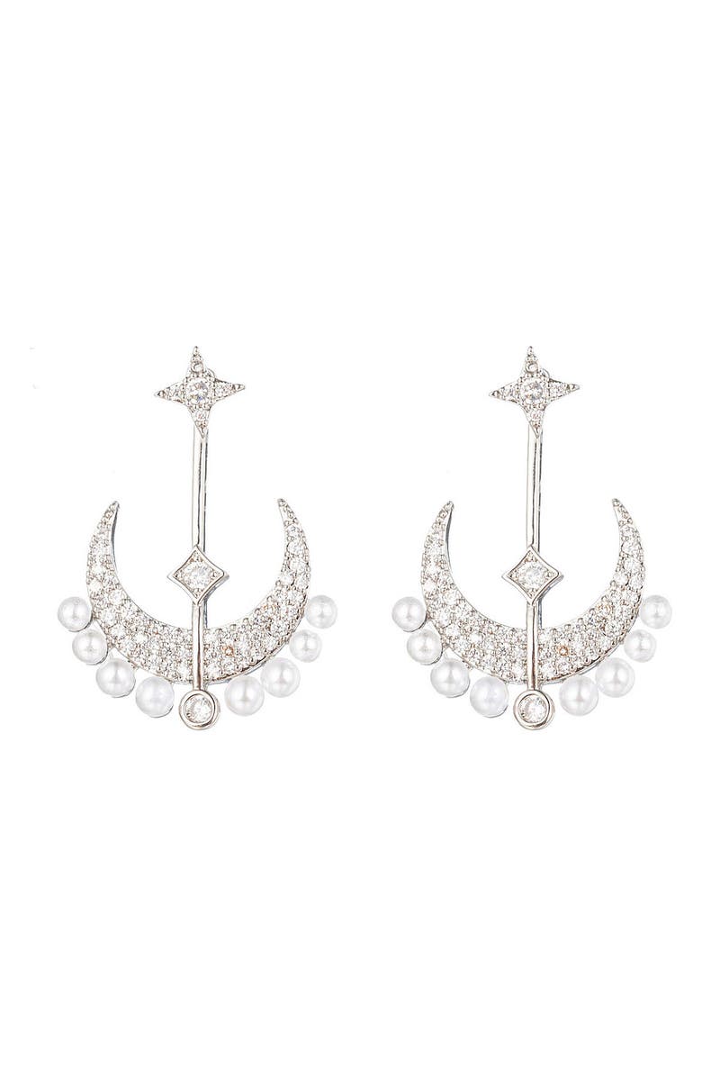 EYE CANDY LOS ANGELES Cleo CZ & Imitation Pearl Crescent Moon Drop Earrings, Main, color, 