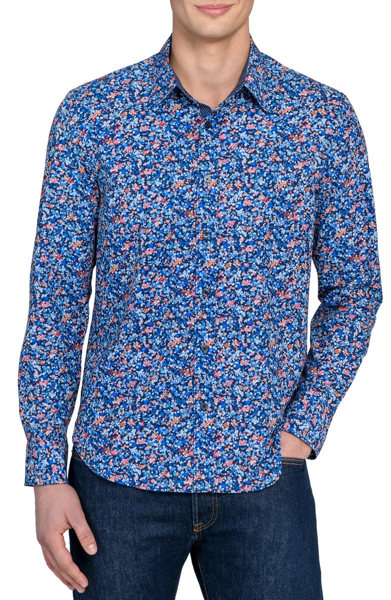 CONSTRUCT Floral Print Stretch Dress Shirt, Main, color, Navy/ Red