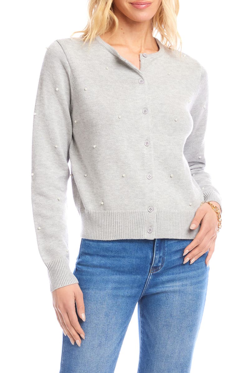 Karen Kane Faux Pearl Embellished Crewneck Cardigan, Main, color, Gray