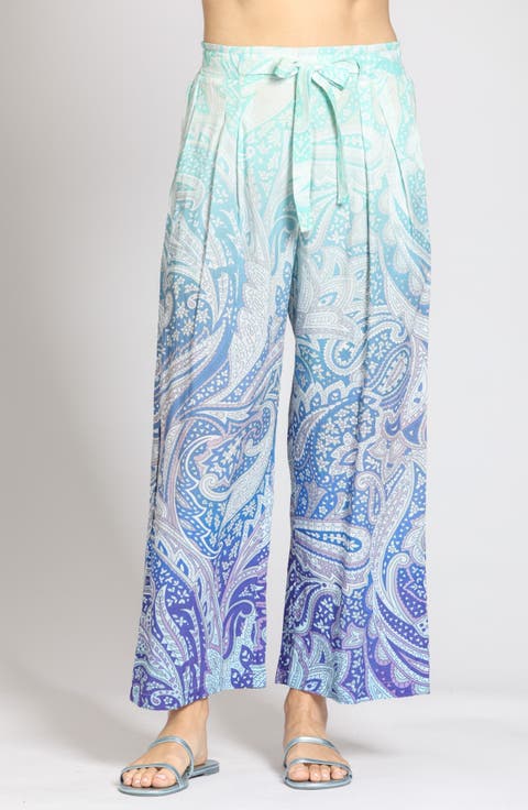 Belted Print Ankle Wide Leg Pants