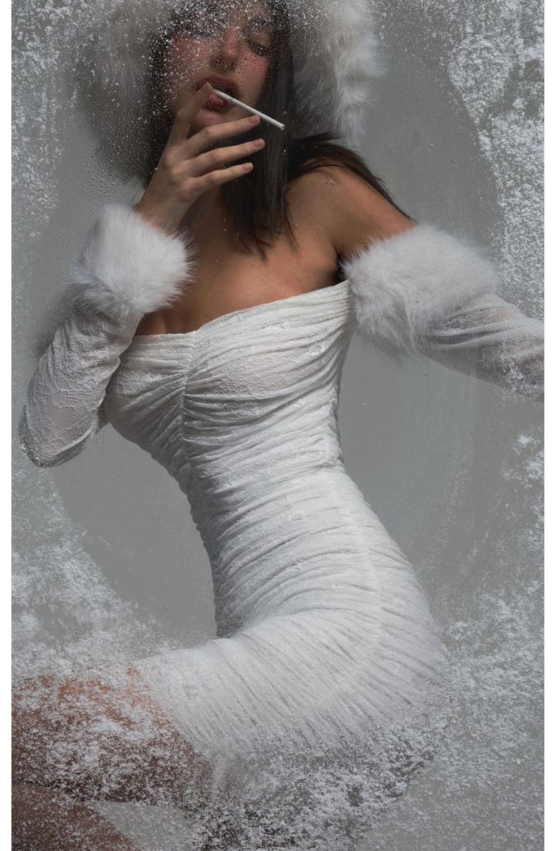 Miss Circle Lani Lace Off-Shoulder Ruched Mini Dress, Alternate, color, White