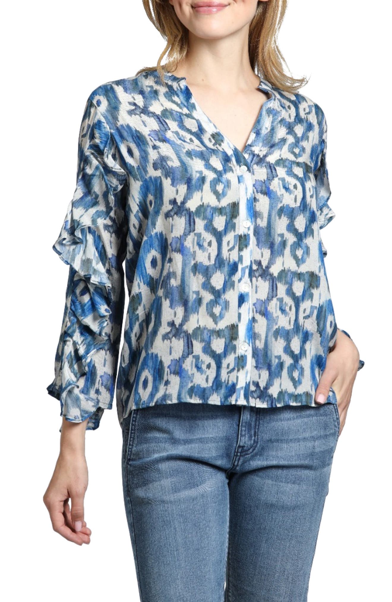 Mixed Print Ruffle Sleeve Button-Up Shirt - image 3