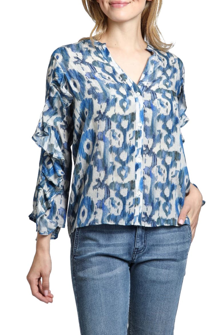 Mixed Print Ruffle Sleeve Button-Up Shirt, Main, color, BLUE MULTI