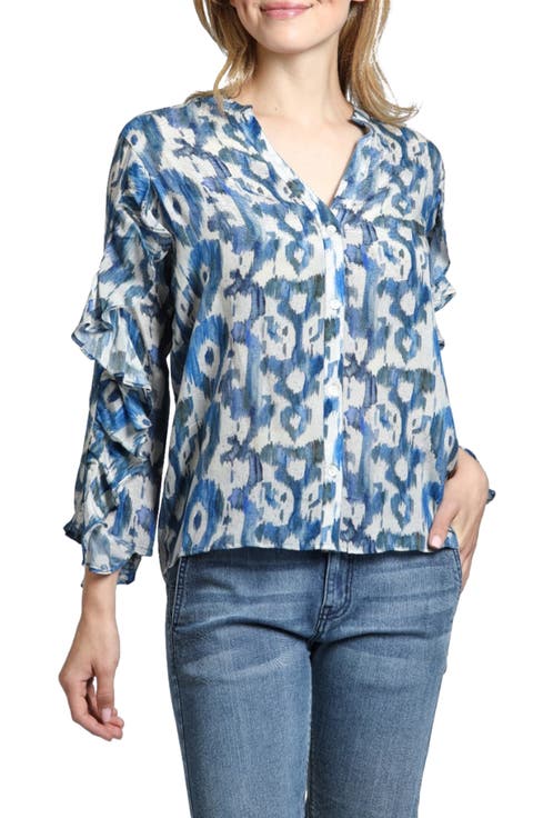 Mixed Print Ruffle Sleeve Button-Up Shirt