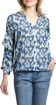 APNY Mixed Print Ruffle Sleeve Button-Up Shirt