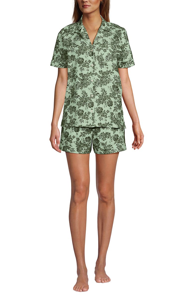 Lands' End Women Linen 2 Piece Pajama Set - Short Sleeve Top and Shorts, Main, color, Icy Mint Green Romantic Floral